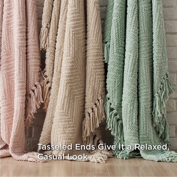 West Elm Light Grey Tassel Chevron Luxury Soft Cozy Blanket for Bedroom/Dorm - Picture 7 of 16